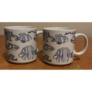 Vintage Newcor Stoneware Coffee Mugs Blue Fish Underwater Costal Mug Set Of 2